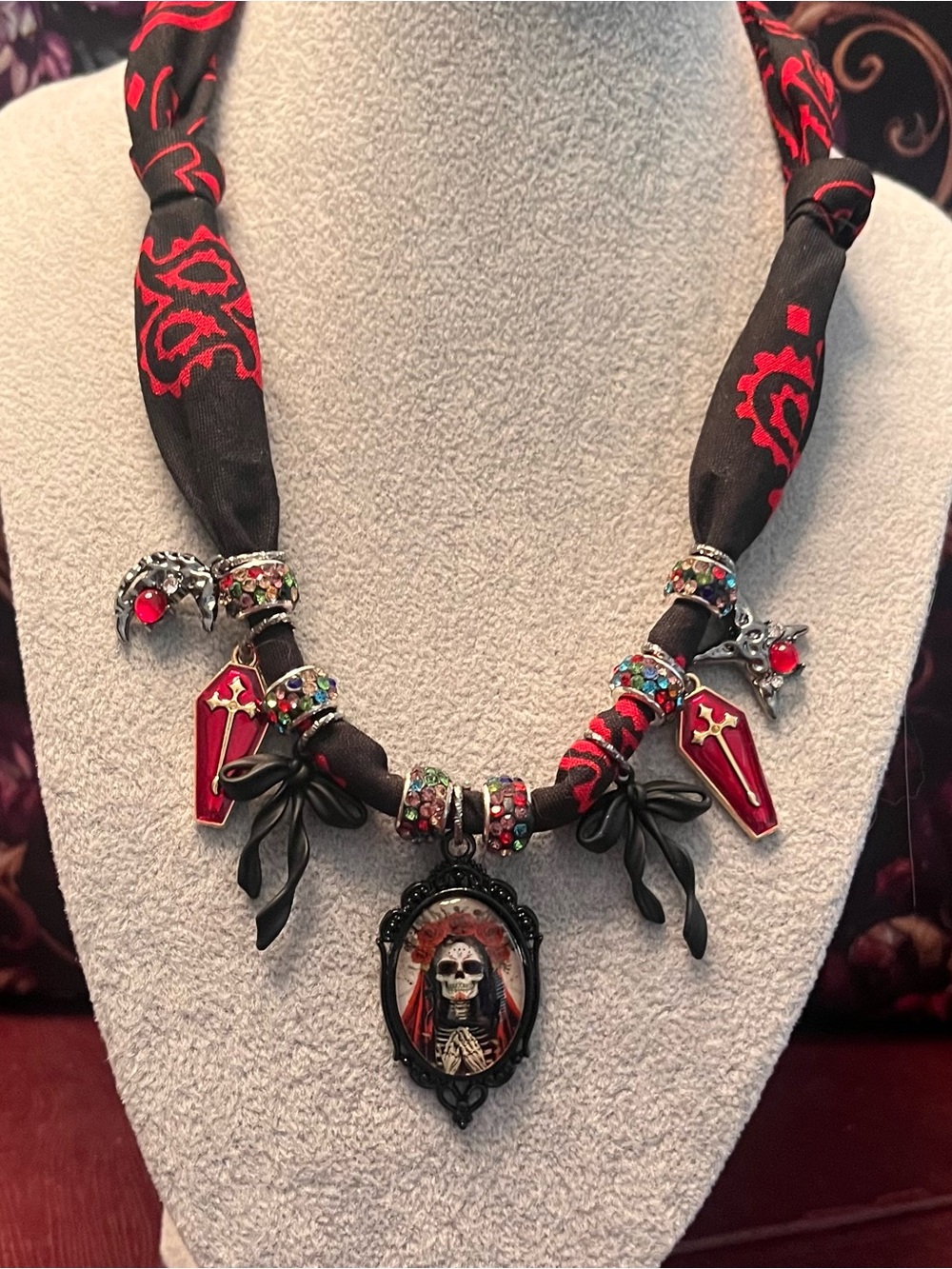 Red and Black Gothic Sugar Skull Pendant Necklace - Women Jewelry